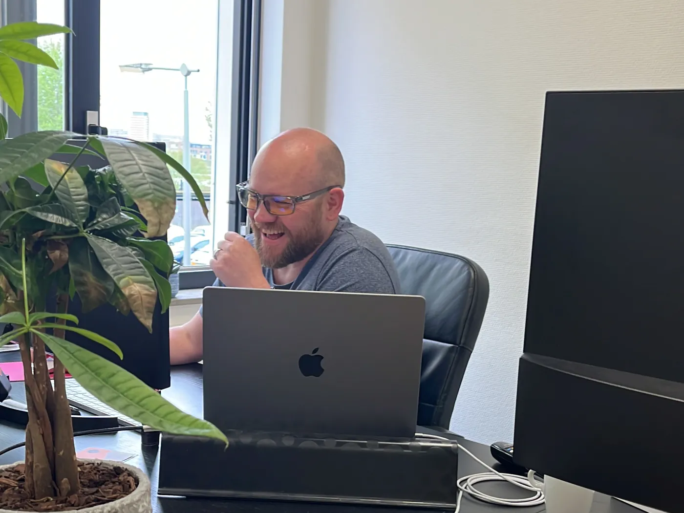 Een collega werkt lachend op zijn laptop, naast een plant