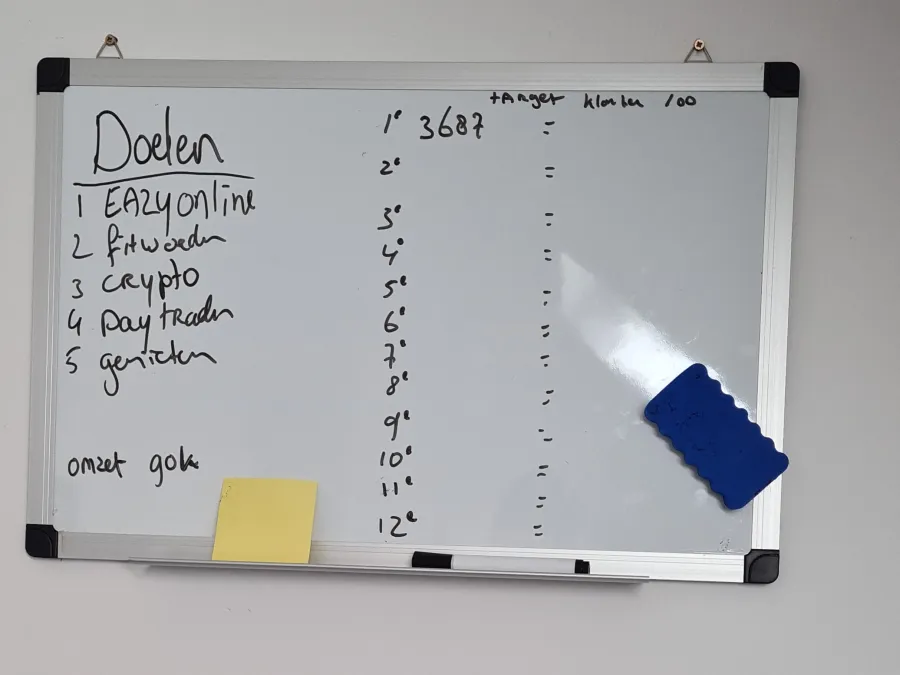 Een whiteboard met een lijst doelen en een gele notitie